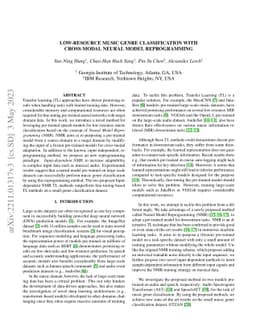 Low-Resource Music Genre Classification with Cross-Modal Neural Model
  Reprogramming