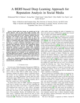 A BERT-based Deep Learning Approach for Reputation Analysis in Social
  Media