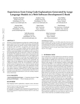 Experiences from Using Code Explanations Generated by Large Language
  Models in a Web Software Development E-Book
