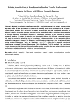 Robotic Assembly Control Reconfiguration Based on Transfer Reinforcement
  Learning for Objects with Different Geometric Features