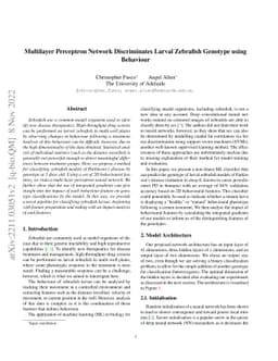 Multilayer Perceptron Network Discriminates Larval Zebrafish Genotype
  using Behaviour