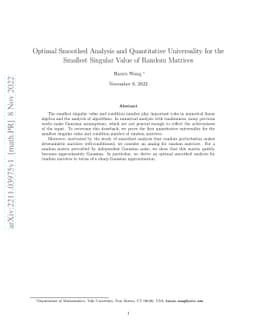 Optimal Smoothed Analysis and Quantitative Universality for the Smallest
  Singular Value of Random Matrices