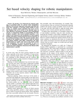 Set based velocity shaping for robotic manipulators