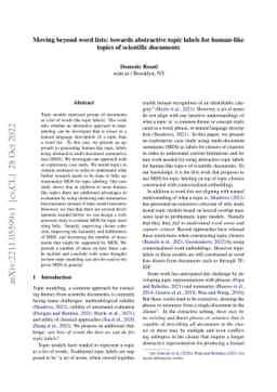 Moving beyond word lists: towards abstractive topic labels for
  human-like topics of scientific documents