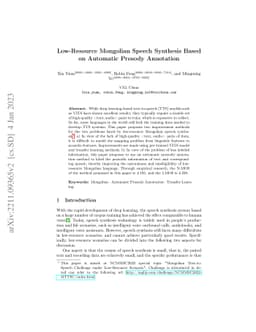 Low-Resource Mongolian Speech Synthesis Based on Automatic Prosody
  Annotation