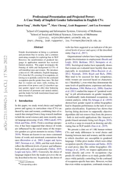 Professional Presentation and Projected Power: A Case Study of Implicit
  Gender Information in English CVs