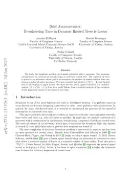 Brief Announcement: Broadcasting Time in Dynamic Rooted Trees is Linear