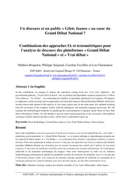 Un discours et un public "Gilets Jaunes" au coeur du Grand Débat
  National? Combinaison des approches IA et textométriques pour lánalyse de
  discours des plateformes "Grand Débat National" et "Vrai débat"