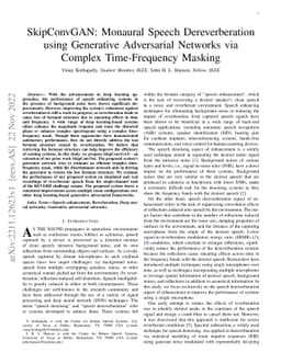 SkipConvGAN: Monaural Speech Dereverberation using Generative
  Adversarial Networks via Complex Time-Frequency Masking