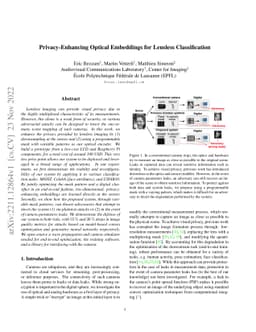 Privacy-Enhancing Optical Embeddings for Lensless Classification