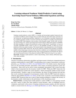 Learning-enhanced Nonlinear Model Predictive Control using
  Knowledge-based Neural Ordinary Differential Equations and Deep Ensembles