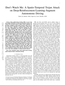Don't Watch Me: A Spatio-Temporal Trojan Attack on
  Deep-Reinforcement-Learning-Augment Autonomous Driving