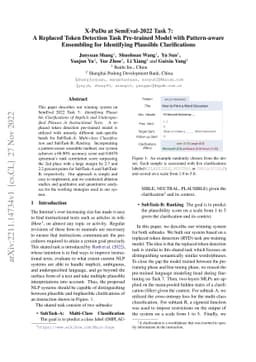 X-PuDu at SemEval-2022 Task 7: A Replaced Token Detection Task
  Pre-trained Model with Pattern-aware Ensembling for Identifying Plausible
  Clarifications