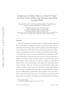 Identification of Surface Defects on Solar PV Panels and Wind Turbine
  Blades using Attention based Deep Learning Model