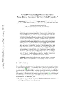 Formal Controller Synthesis for Markov Jump Linear Systems with
  Uncertain Dynamics