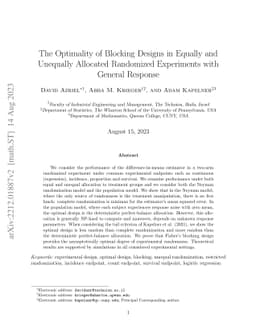 The Optimality of Blocking Designs in Equally and Unequally Allocated
  Randomized Experiments with General Response