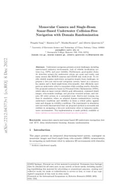 Monocular Camera and Single-Beam Sonar-Based Underwater Collision-Free
  Navigation with Domain Randomization