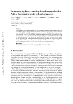 Implementing Deep Learning-Based Approaches for Article Summarization in
  Indian Languages