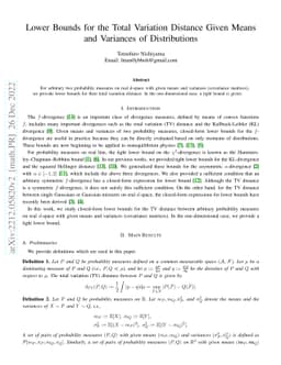 Lower Bounds for the Total Variation Distance Given Means and Variances
  of Distributions