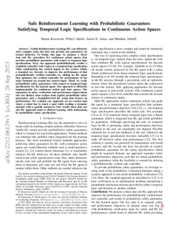 Safe Reinforcement Learning with Probabilistic Guarantees Satisfying
  Temporal Logic Specifications in Continuous Action Spaces