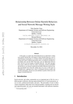 Relationship Between Online Harmful Behaviors and Social Network Message
  Writing Style