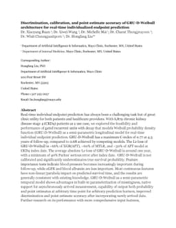 Discrimination, calibration, and point estimate accuracy of
  GRU-D-Weibull architecture for real-time individualized endpoint prediction