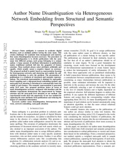 Author Name Disambiguation via Heterogeneous Network Embedding from
  Structural and Semantic Perspectives
