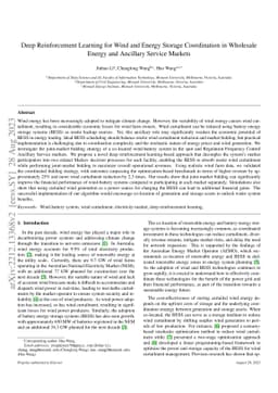 Deep Reinforcement Learning for Wind and Energy Storage Coordination in
  Wholesale Energy and Ancillary Service Markets
