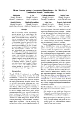 Dense Feature Memory Augmented Transformers for COVID-19 Vaccination
  Search Classification