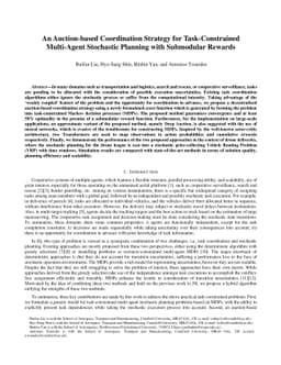 An Auction-based Coordination Strategy for Task-Constrained Multi-Agent
  Stochastic Planning with Submodular Rewards