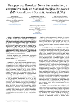 Unsupervised Broadcast News Summarization; a comparative study on
  Maximal Marginal Relevance (MMR) and Latent Semantic Analysis (LSA)