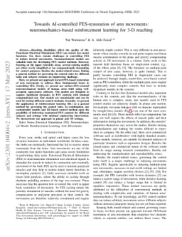 Towards AI-controlled FES-restoration of arm movements:
  neuromechanics-based reinforcement learning for 3-D reaching