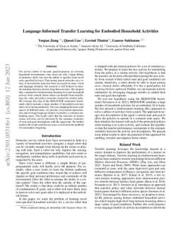 Language-Informed Transfer Learning for Embodied Household Activities