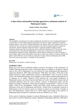 A data science and machine learning approach to continuous analysis of
  Shakespeare's plays