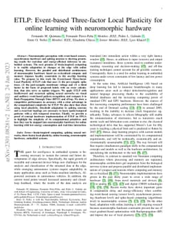 ETLP: Event-based Three-factor Local Plasticity for online learning with
  neuromorphic hardware