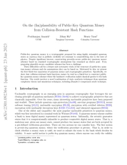 On the (Im)plausibility of Public-Key Quantum Money from
  Collision-Resistant Hash Functions