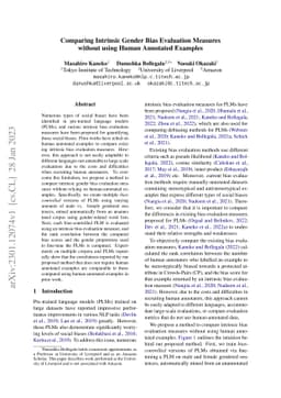 Comparing Intrinsic Gender Bias Evaluation Measures without using Human
  Annotated Examples