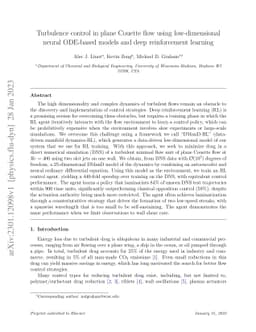 Turbulence control in plane Couette flow using low-dimensional neural
  ODE-based models and deep reinforcement learning