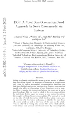 DOR: A Novel Dual-Observation-Based Approach for News Recommendation
  Systems