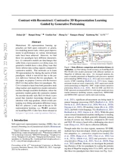 Contrast with Reconstruct: Contrastive 3D Representation Learning Guided
  by Generative Pretraining