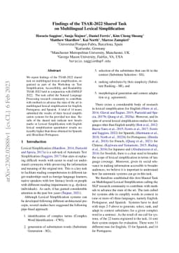 Findings of the TSAR-2022 Shared Task on Multilingual Lexical
  Simplification