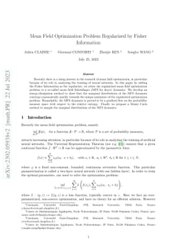 Mean Field Optimization Problem Regularized by Fisher Information