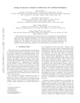 Analog, In-memory Compute Architectures for Artificial Intelligence