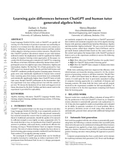 Learning gain differences between ChatGPT and human tutor generated
  algebra hints
