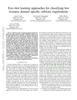 Few-shot learning approaches for classifying low resource domain
  specific software requirements