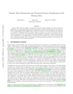 Density Ratio Estimation and Neyman Pearson Classification with Missing
  Data