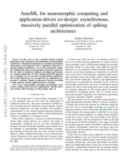 AutoML for neuromorphic computing and application-driven co-design:
  asynchronous, massively parallel optimization of spiking architectures