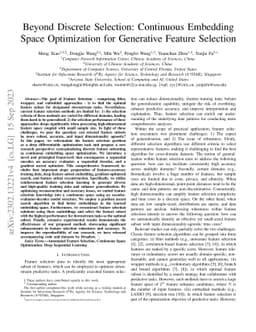 Beyond Discrete Selection: Continuous Embedding Space Optimization for
  Generative Feature Selection