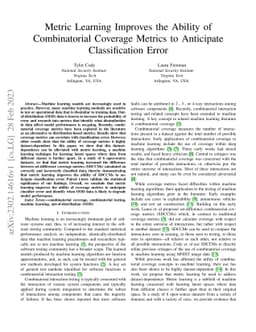 Metric Learning Improves the Ability of Combinatorial Coverage Metrics
  to Anticipate Classification Error