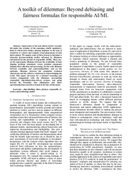 A toolkit of dilemmas: Beyond debiasing and fairness formulas for
  responsible AI/ML